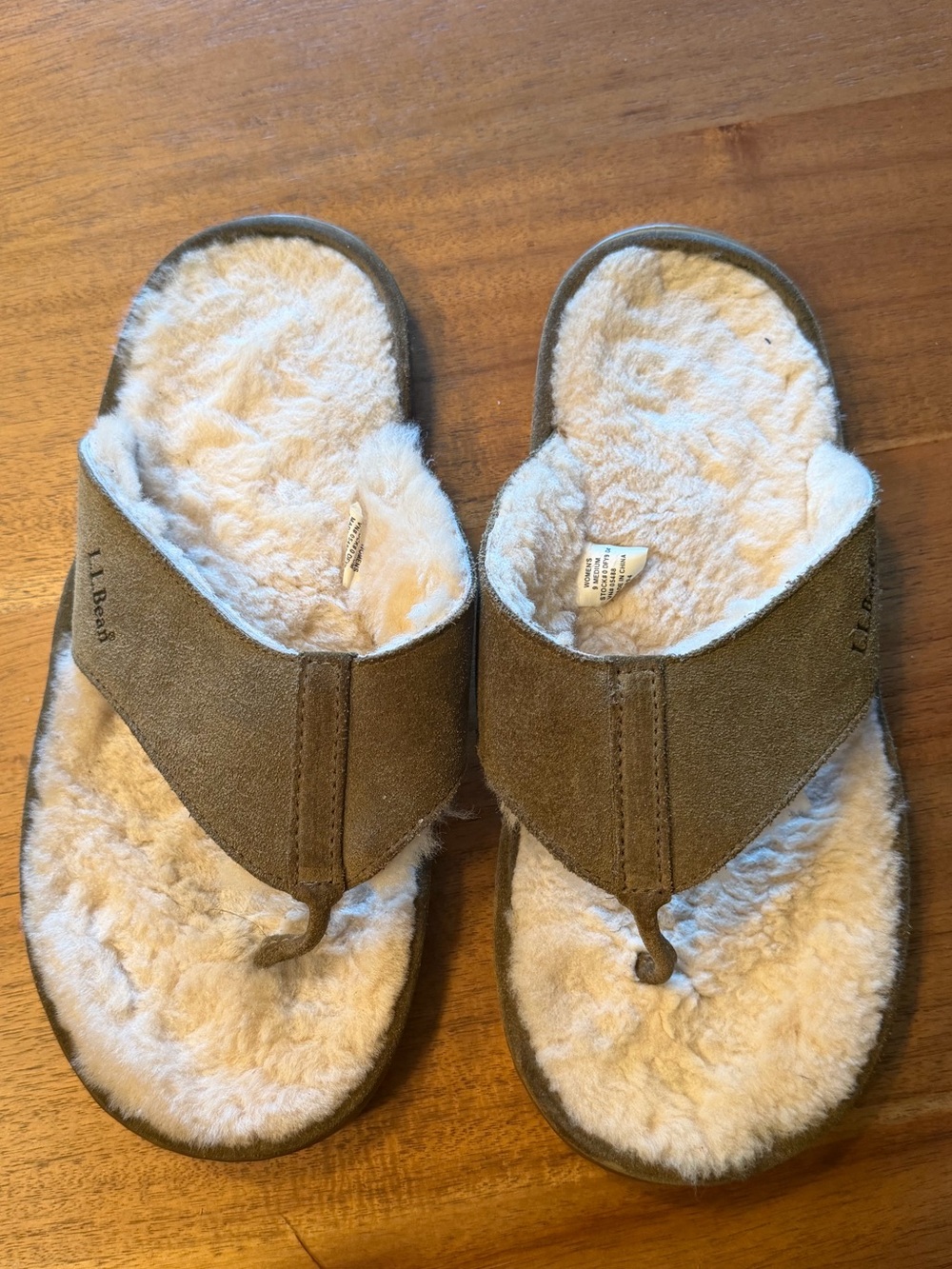 L.L. Bean Olive Suede Fleece-Trim Thong Slippers